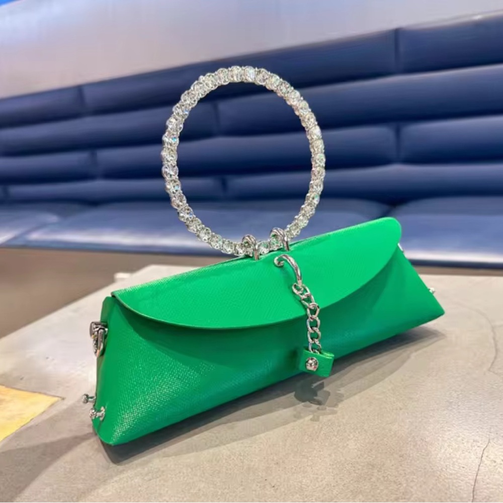 Elegant Green Clutch with Crystal Handle